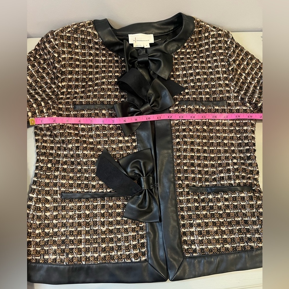 Anthropologie Bow Faux Leather-Trimmed Tweed Lady Jacket- medium - Picture 11 of 11